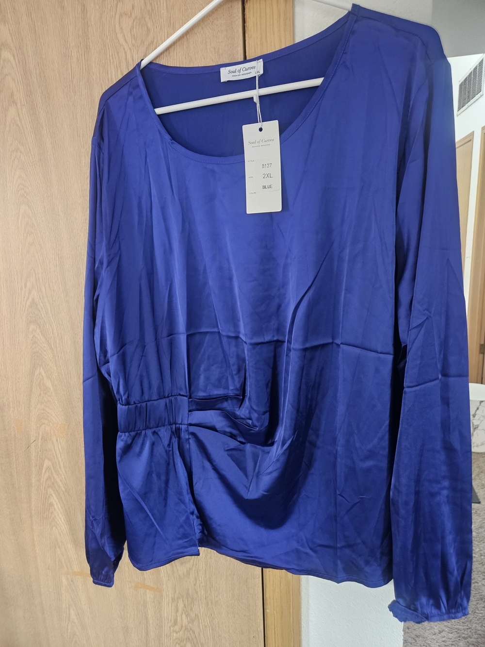 Blue Long-Sleeve Satin Blouse